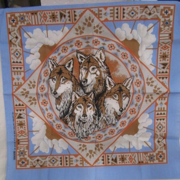 Hav A Hank Bandana 21" Sq. Wolf Pack Blues & Tan One Sided NWOT - Picture 1 of 4